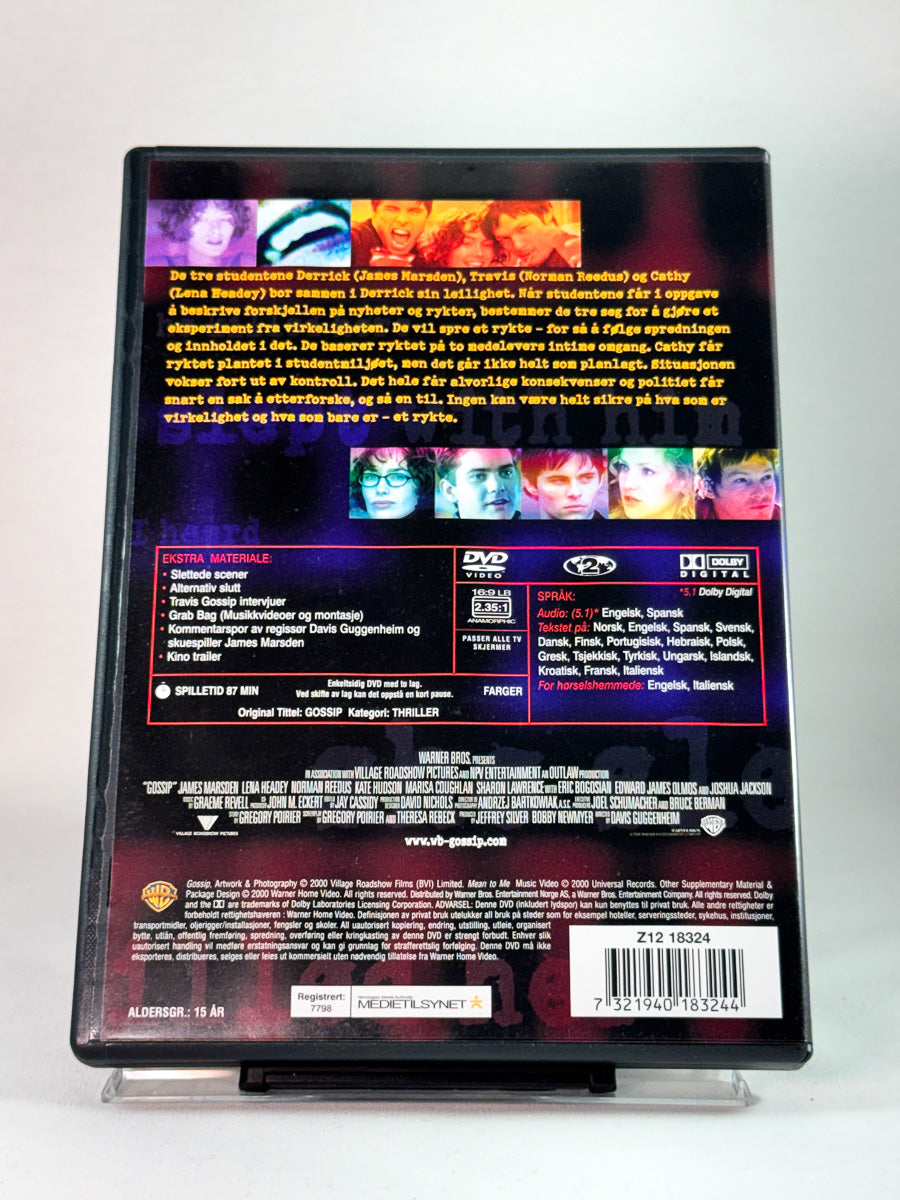 Bakside av cover til Gossip, bruktfilm på DVD hos Brukbar Film