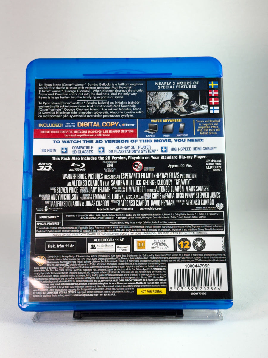 Bakside av DVD-cover til Gravity (Blu-ray 3D), bruktfilm hos nettbutikken Brukbar Film