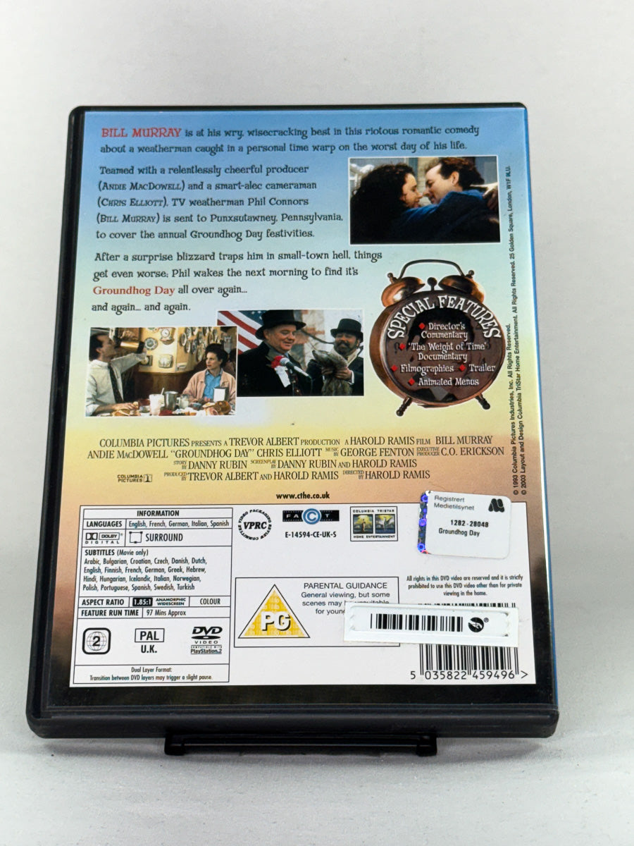 DVD-bakside til filmen Groundhog Day
Baksiden viser info, spesifikasjoner og eventuell ekstratekst – produktbilde fra nettbutikken Brukbar Film