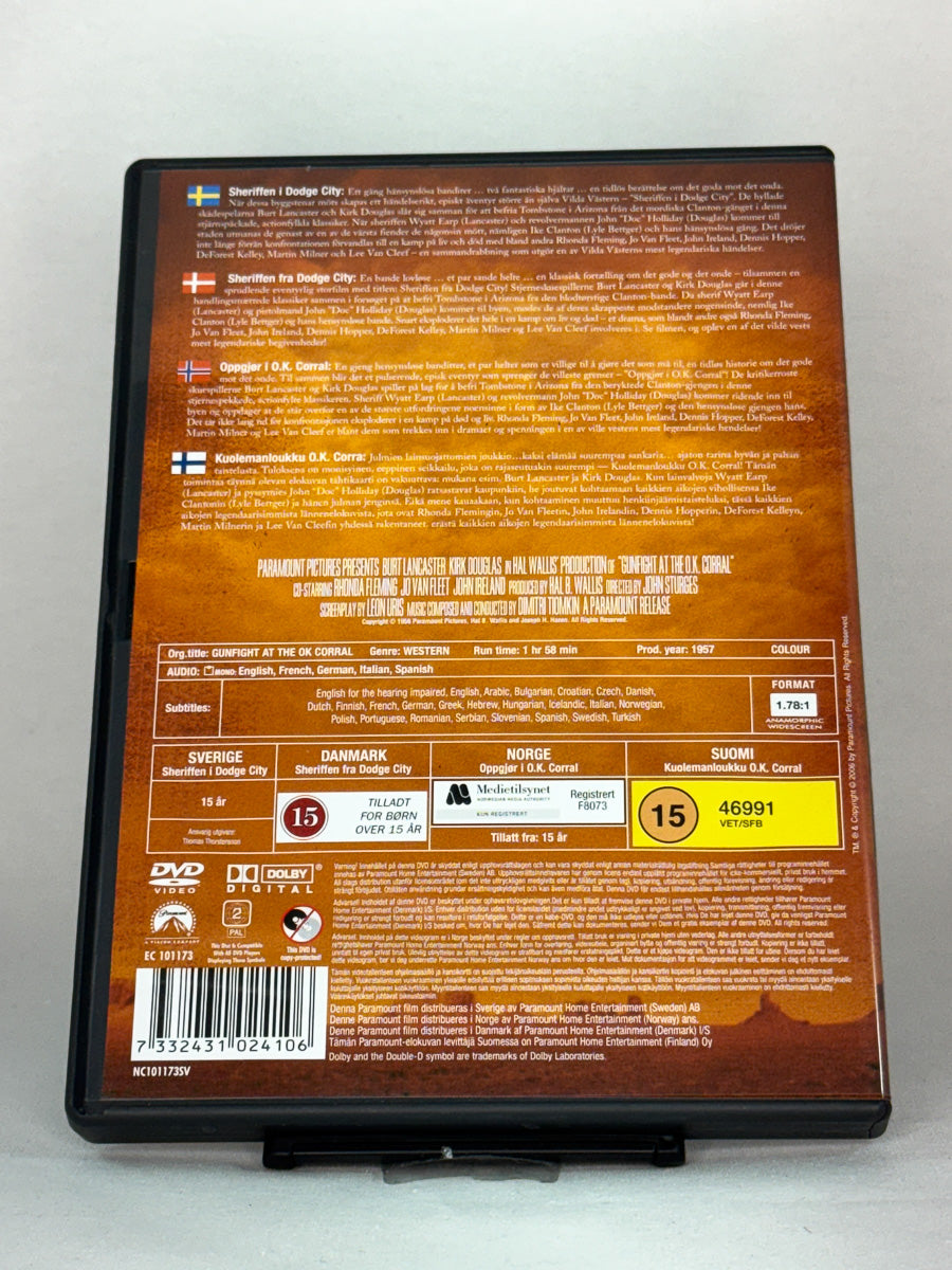Bakside av DVD-cover for Gunfight at the O.K. Corral – brukt westernklassiker på DVD, tilgjengelig hos Brukbar Film.