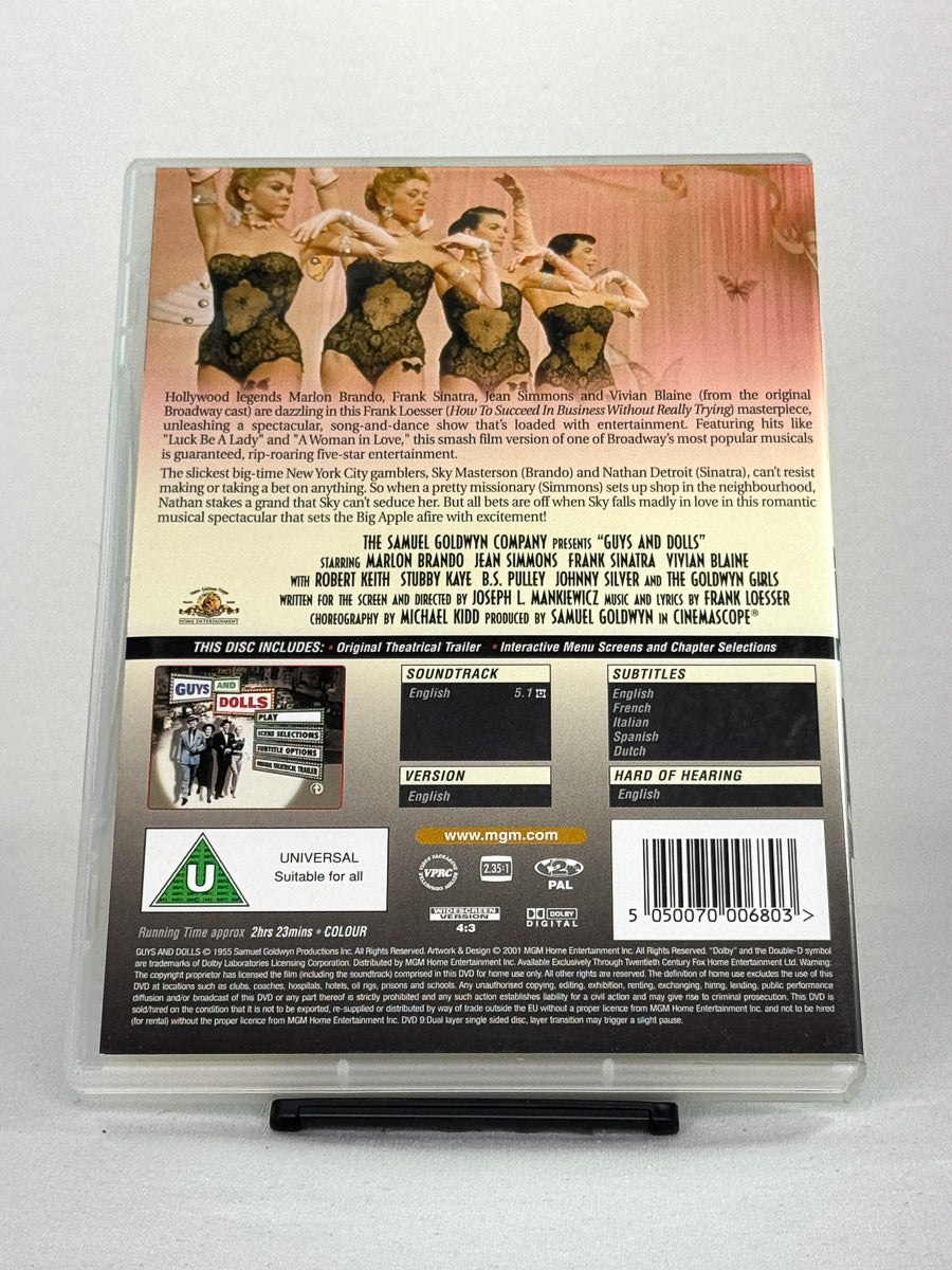 DVD-cover-bakside til filmen Guys and Dolls – Brukt DVD fra nettbutikken Brukbar Film