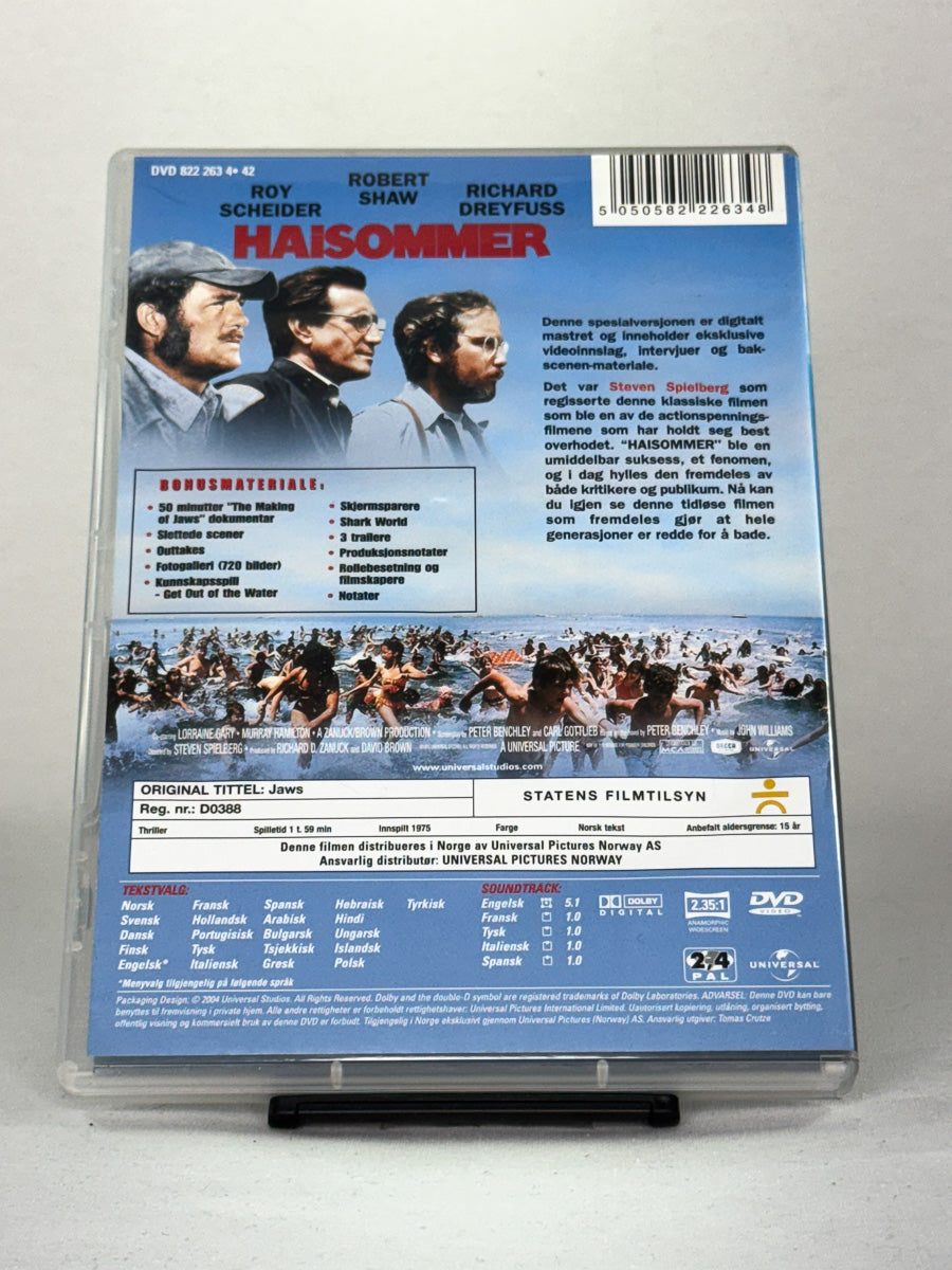 DVD-cover-bakside til filmen Haisommer (Jaws) – Brukt DVD fra nettbutikken Brukbar Film