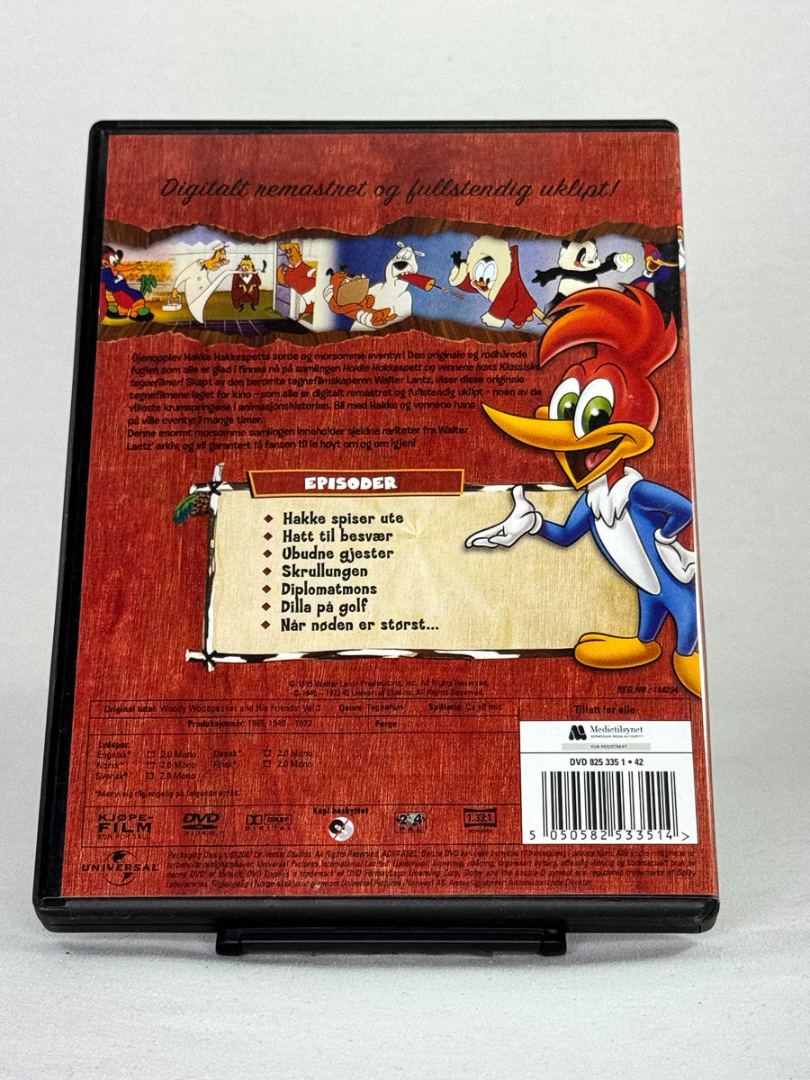 Bakside av DVD-cover for Hakke Hakkespett Vol. 3 – brukt DVD; episodeoversikt og språkinfo.