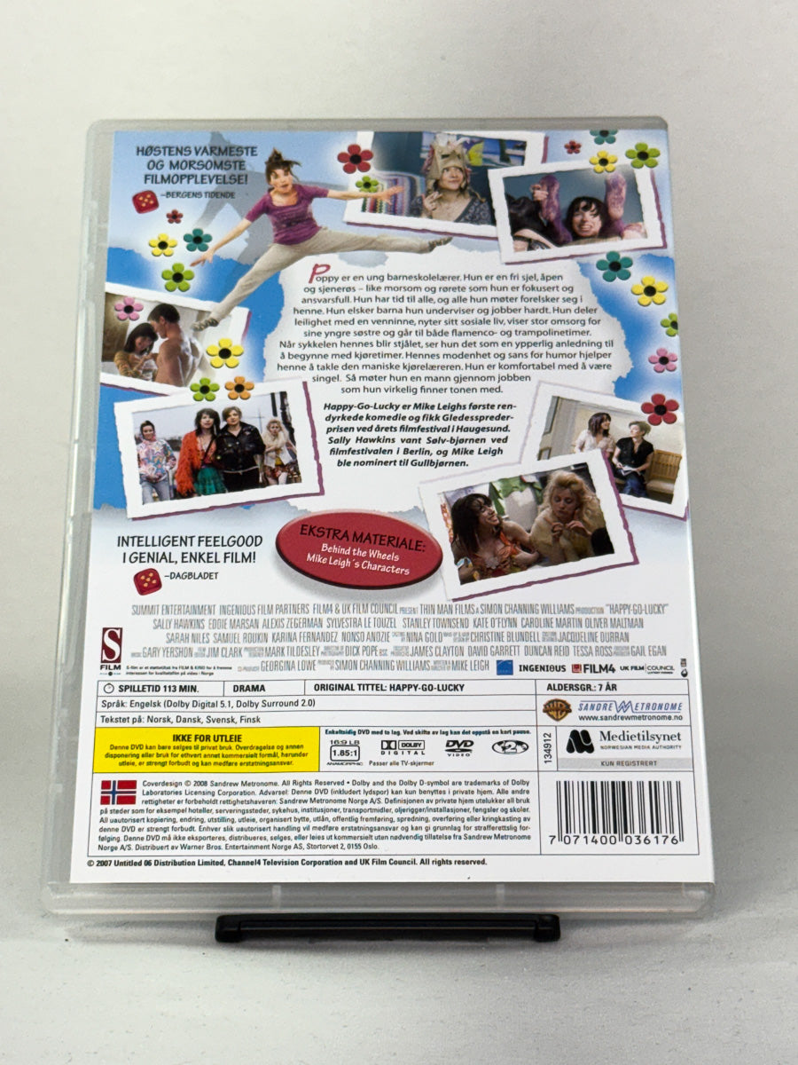 DVD-cover-bakside til filmen Happy-Go-Lucky – Brukt DVD fra nettbutikken Brukbar Film