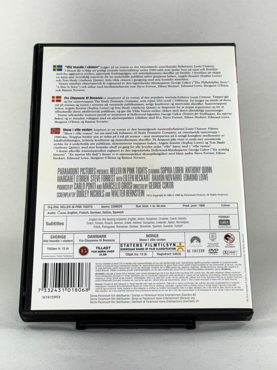 Bakside av DVD-cover til filmen Heller in Pink Tights – brukt originalfilm på DVD fra Brukbar Film