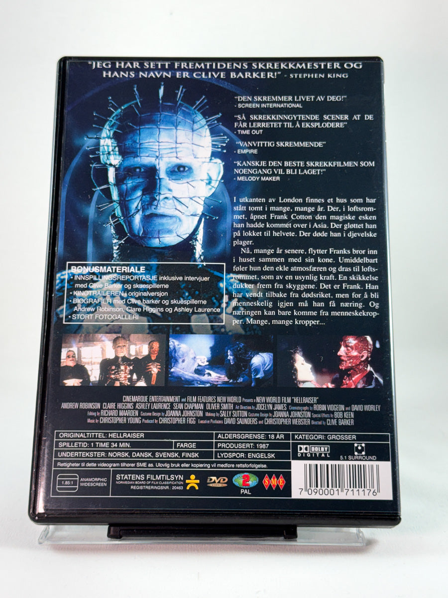 Bakside av DVD-cover til Hellraiser – Collector’s Edition med ekstrainfo og filmomtale; brukt skrekkfilm på DVD hos Brukbar Film