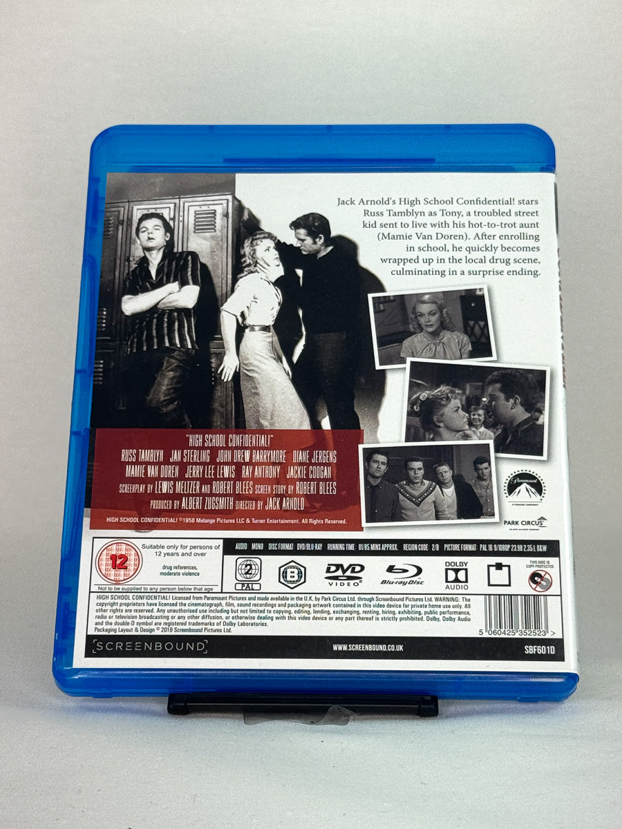 Bakside av Blu-ray-cover til High School Confidential! – tidlig ungdomsfilm med opprør og jazz, restaurert Blu-ray tilgjengelig hos Brukbar Film.