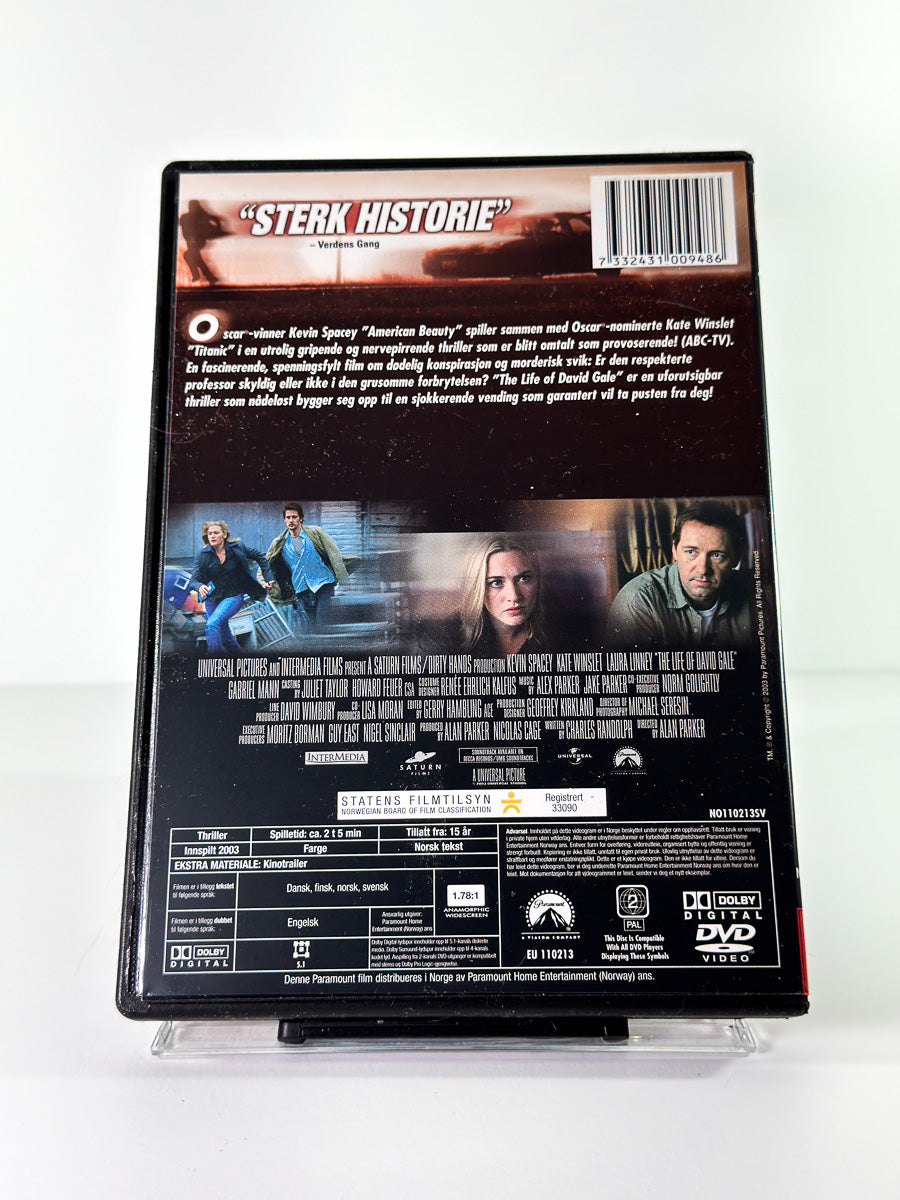 Bakside av cover til Historien om David Gale, brukt original DVD hos Brukbar Film