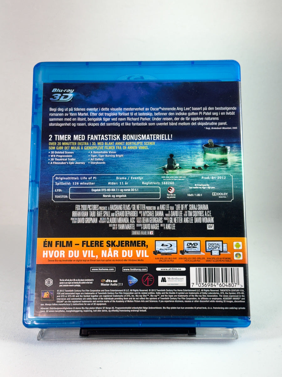 Bakside av DVD-cover til Historien om Pi (Blu-ray 3D), bruktfilm hos nettbutikken Brukbar Film