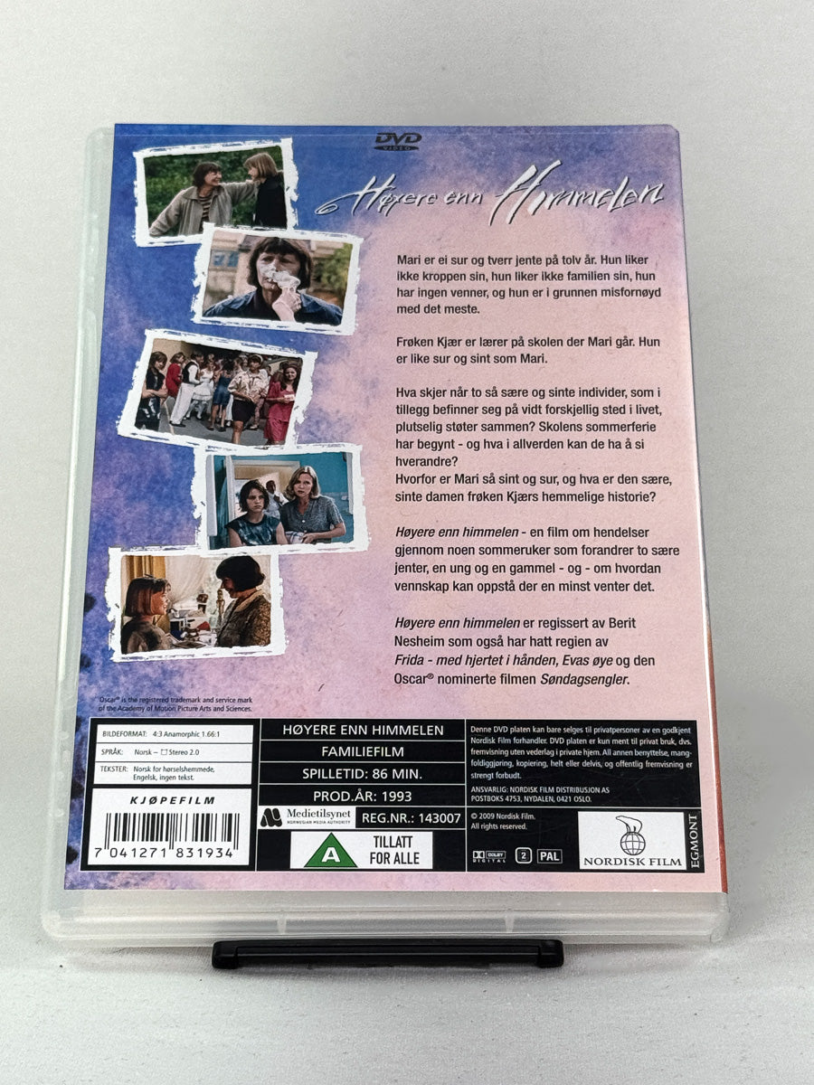 DVD-bakside til filmen Høyere enn himmelen
Baksiden viser info, spesifikasjoner og eventuell ekstratekst – produktbilde fra nettbutikken Brukbar Film