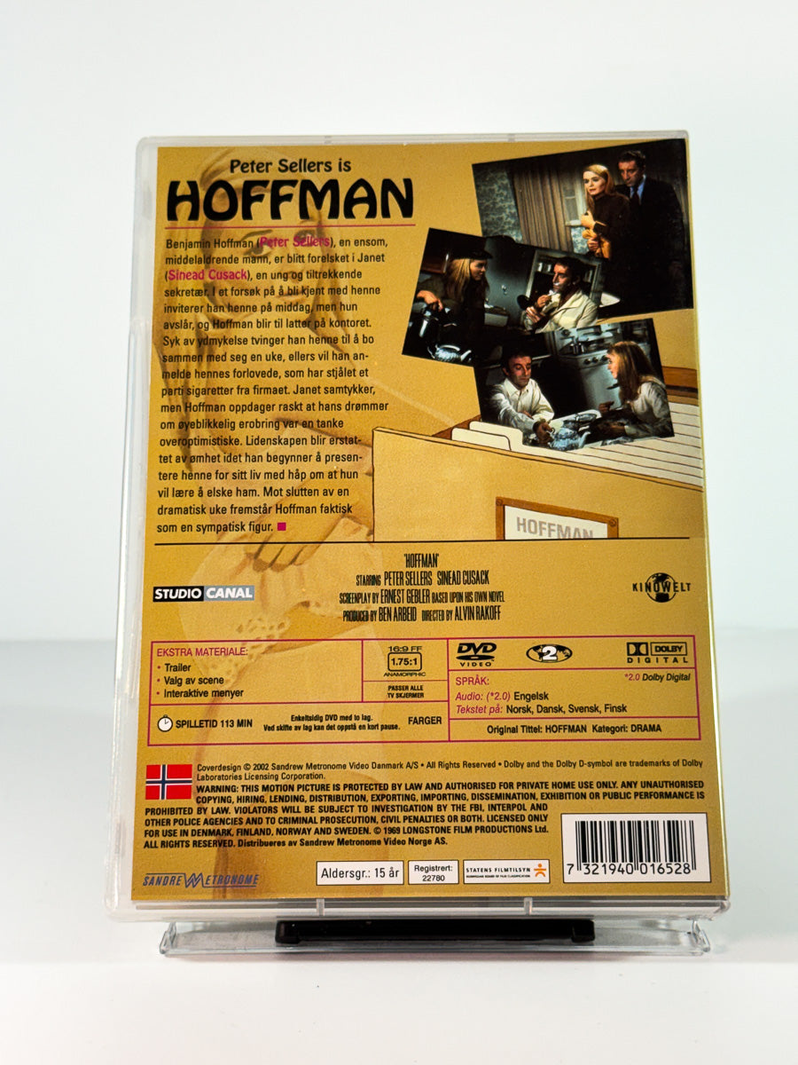 Bakside av cover til Hoffman, bruktfilm på DVD hos Brukbar Film