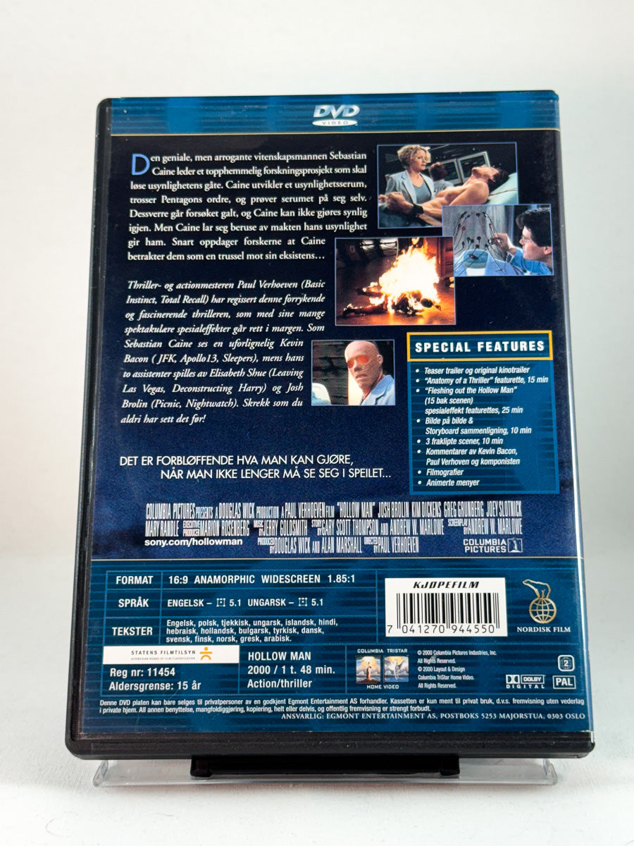 Bakside av DVD-cover til Hollow Man, produktfoto av brukt DVD-utgivelse med info og detaljer hos Brukbar Film.