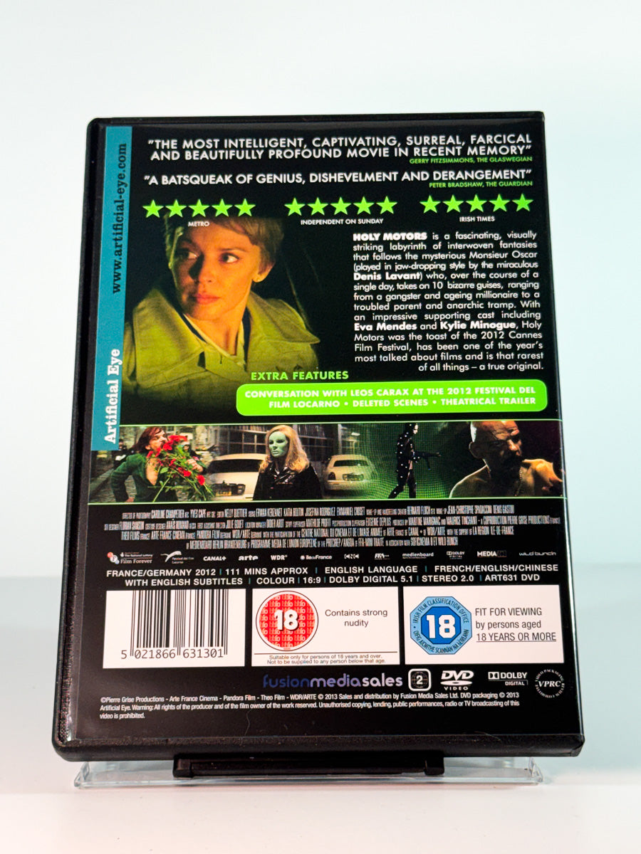 Bakside av cover til Holy Motors, bruktfilm hos nettbutikken Brukbar Film