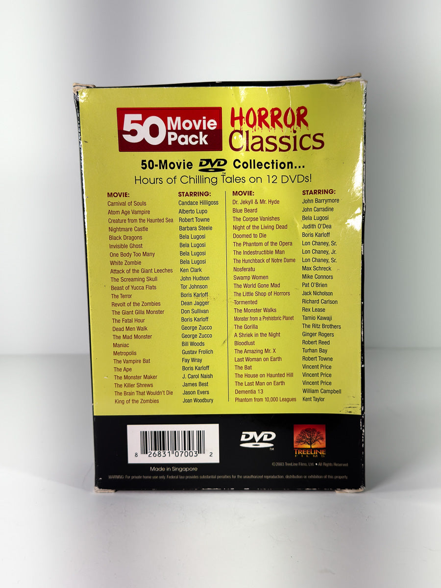 Bakside av cover til Horror Classics – 50 Movie Pack, brukt original DVD hos Brukbar Film