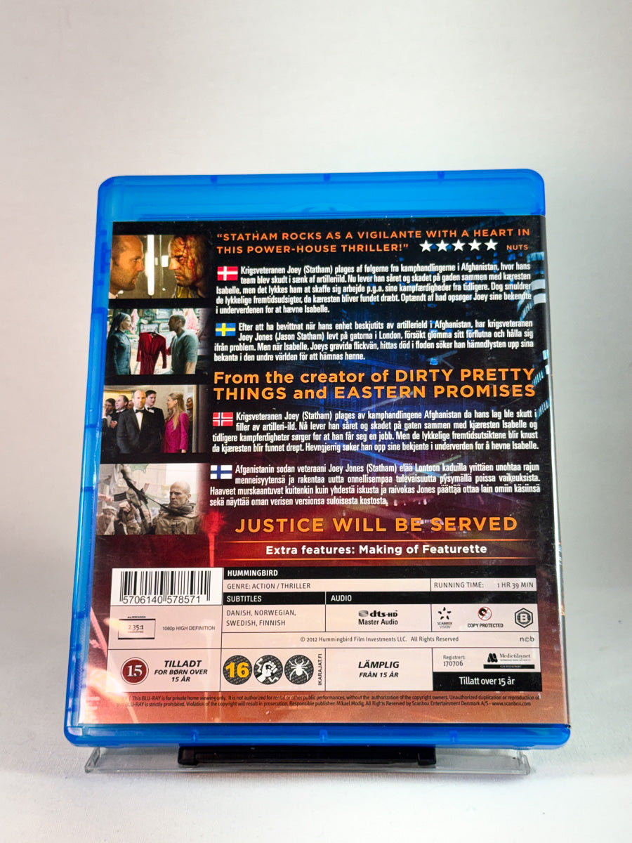 Bakside av cover til Hummingbird, bruktfilm på Blu-ray hos Brukbar Film
