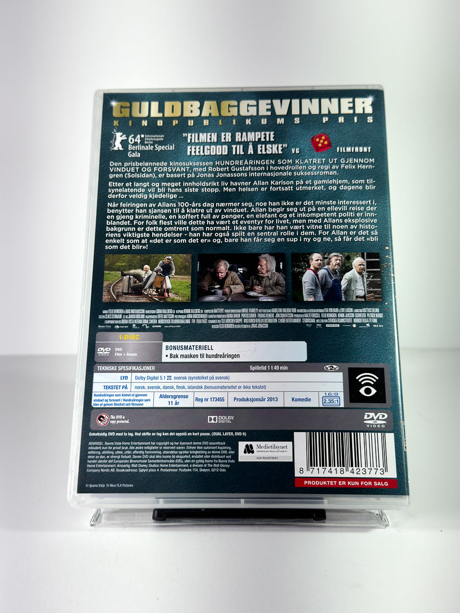 Bakside av cover til Hundreåringen som klatret ut gjennom vinduet og forsvant på DVD