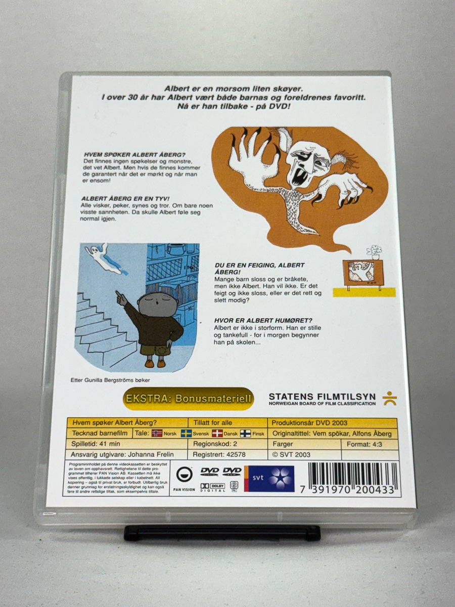 Bakside av Hvem spøker Albert Åberg? – varm og trygg barnefilmklassiker regissert av Per Åhlin med musikk av Georg Riedel, brukt DVD fra Brukbar Film.