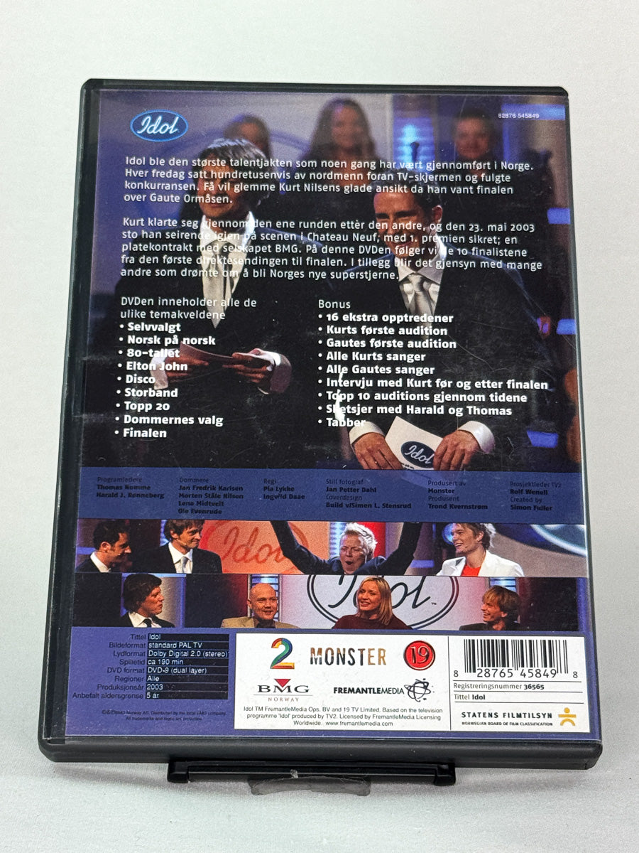 Bakside av DVD-cover til Idol – Jakten på en superstjerne, brukt norsk underholdningsserie på DVD hos Brukbar Film.