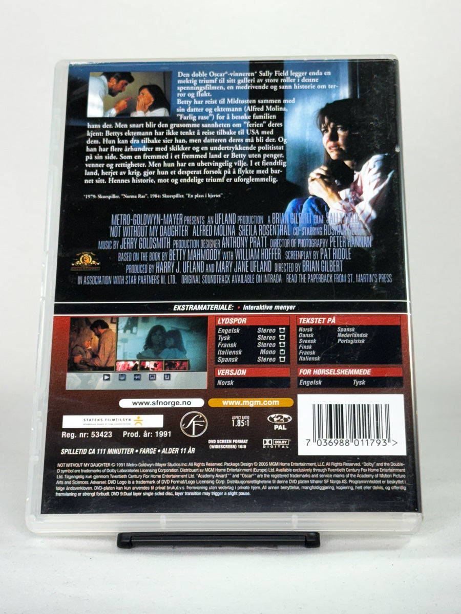 DVD-bakside til filmen Ikke uten min datter
Baksiden viser info, spesifikasjoner og eventuell ekstratekst – produktbilde fra nettbutikken Brukbar Film