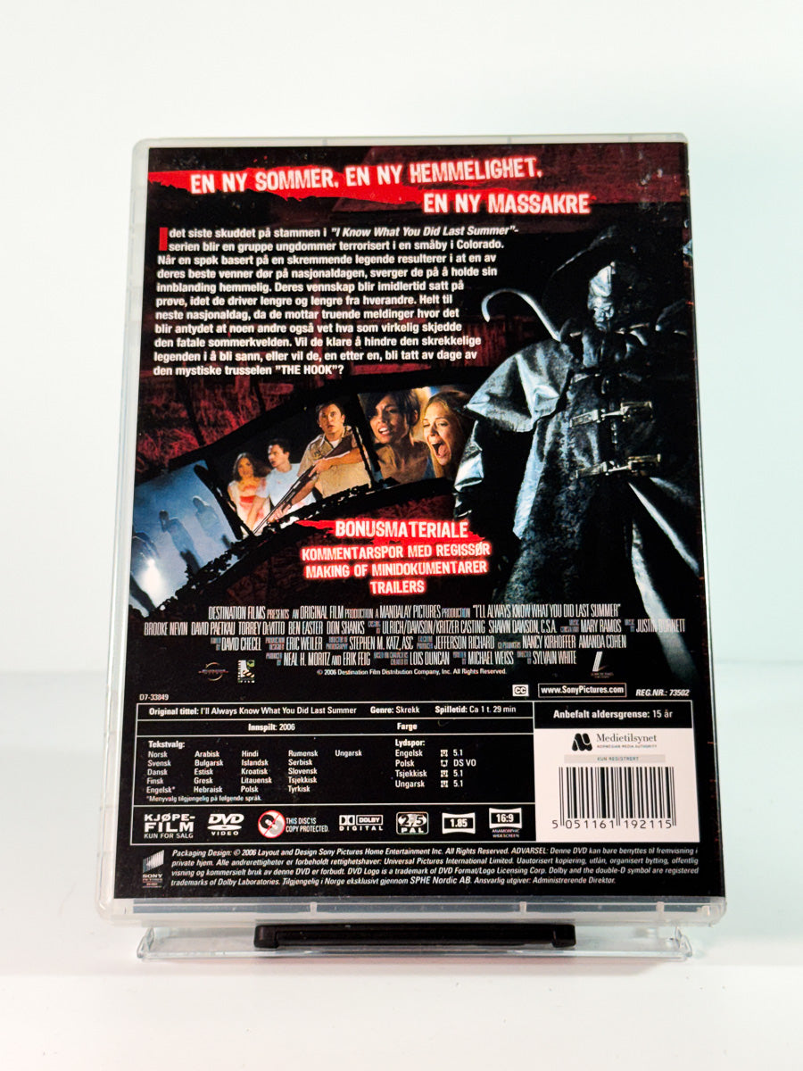 Bakside av cover til I’ll Always Know What You Did Last Summer DVD, brukt film hos Brukbar Film