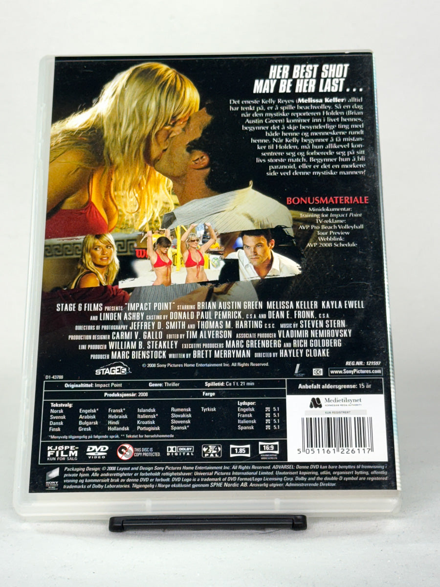 Bakside av DVD-cover til Impact Point – intens thriller om stalkere og sport med Brian Austin Green – original brukt DVD hos Brukbar Film.