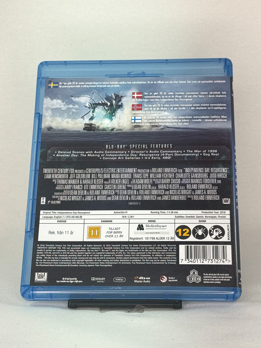 Bakside av Blu-ray-cover til Independence Day: Resurgence – storslått oppfølger til 90-tallshiten, brukt Blu-ray hos Brukbar Film.