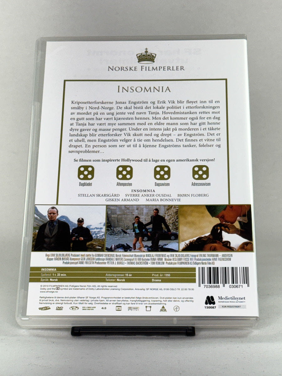 DVD-bakside til filmen Insomnia
Baksiden viser info, spesifikasjoner og eventuell ekstratekst – produktbilde fra nettbutikken Brukbar Film