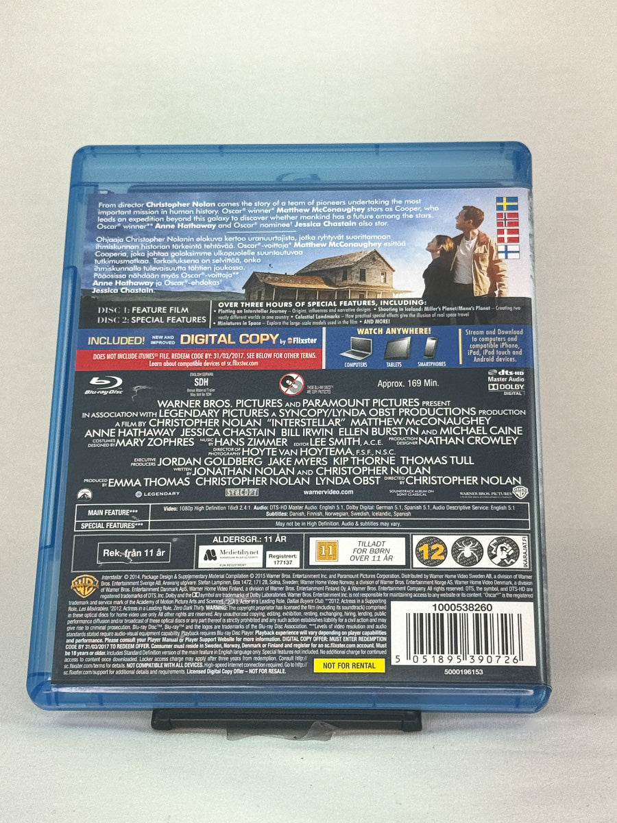 Bakside av Blu-ray-cover for Interstellar – brukt sci-fi-film på Blu-ray, tilgjengelig hos Brukbar Film