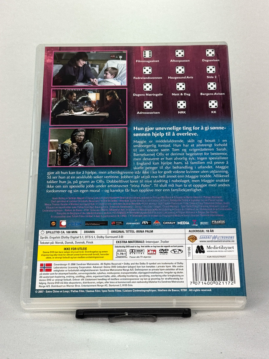 Bakside av DVD-cover til Irina Palm – brukt DVD-utgave av Sam Garbarskis film med Marianne Faithfull, tilgjengelig hos Brukbar Film