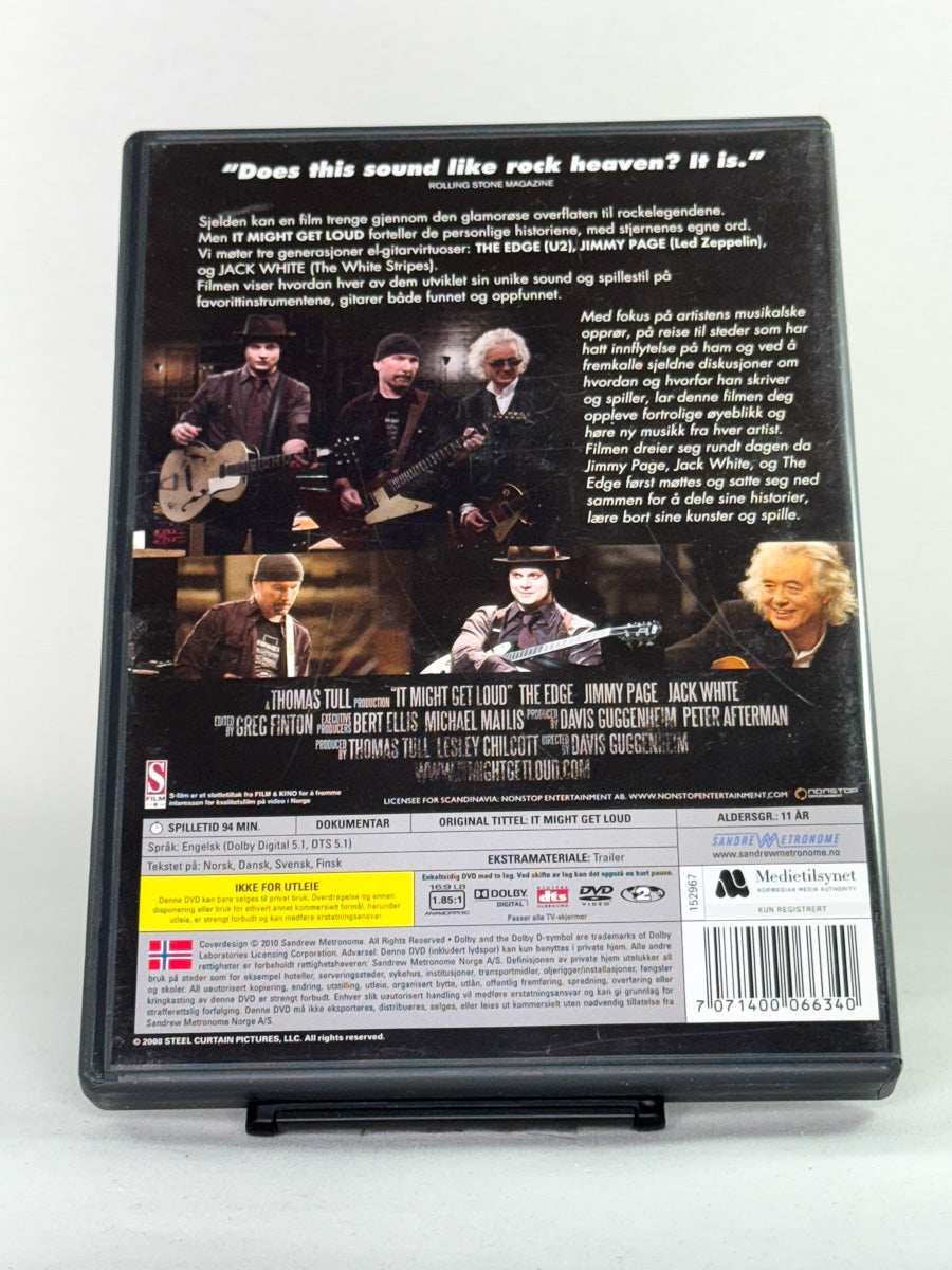Bakside av DVD-cover for It Might Get Loud – brukt DVD-film; innholdsliste, spilletid og lydformater.