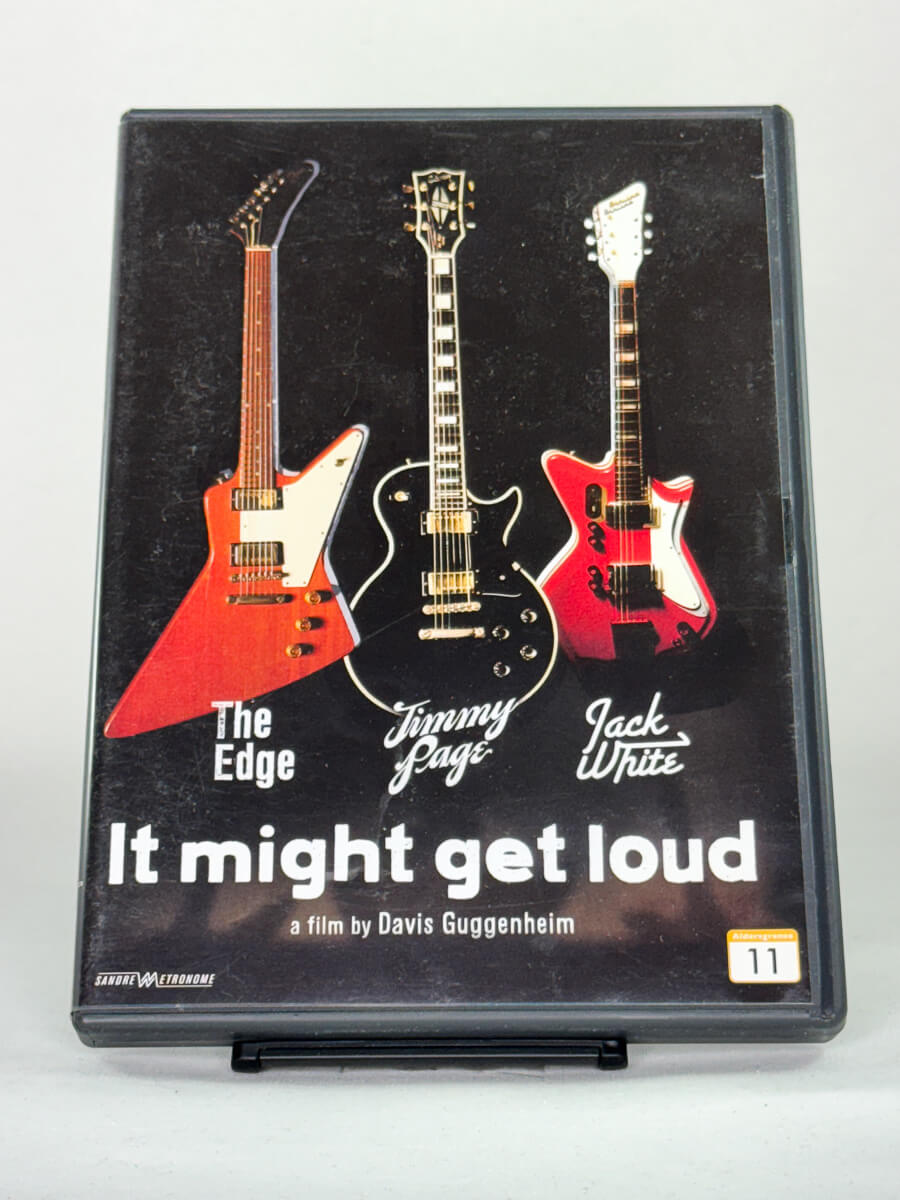 It Might Get Loud – forside av brukt DVD-cover, musikkdokumentar med The Edge, Jimmy Page og Jack White; Brukbar Film.