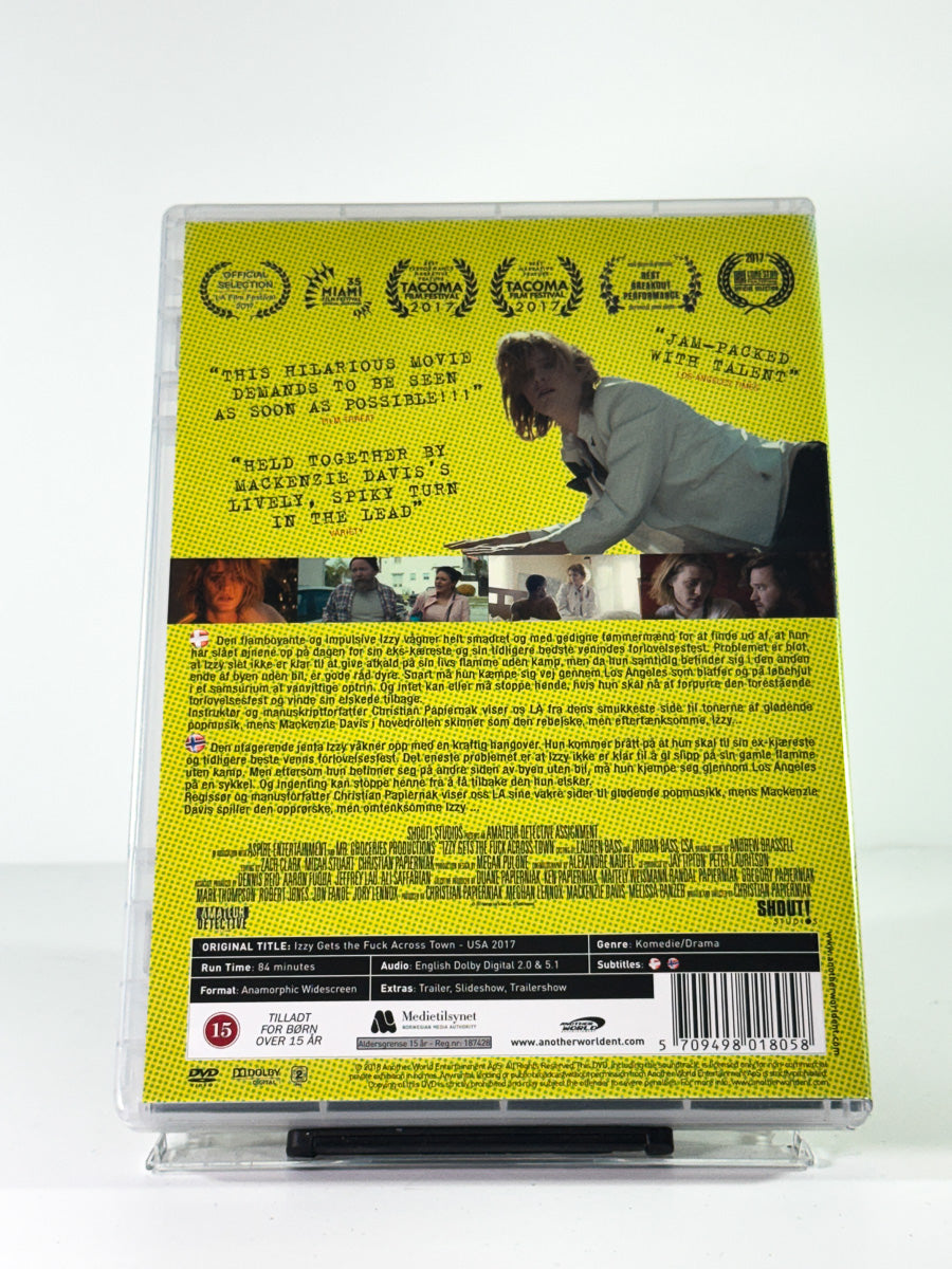 Bakside av cover til Izzy Gets the Fuck Across Town, brukt original DVD hos Brukbar Film