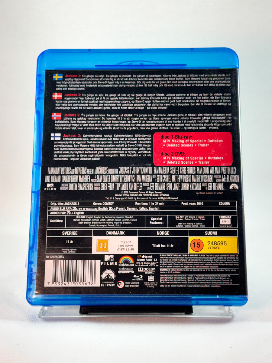 Bakside av cover til Jackass 3, brukt Blu-ray hos Brukbar Film