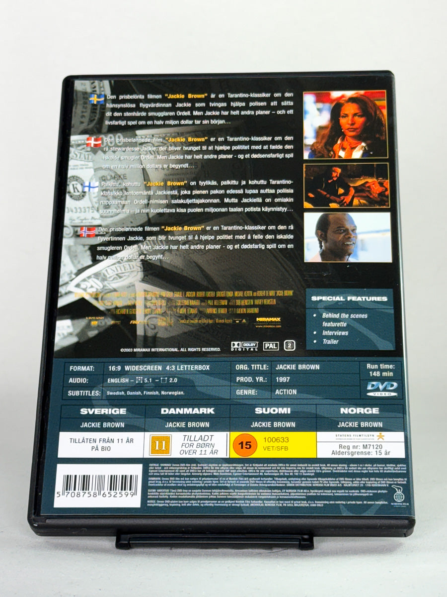 Bakside av DVD-cover til Jackie Brown – original DVD med filmfakta og ekstramateriale, brukt film fra Brukbar Film