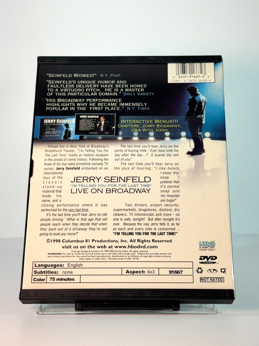 Bakside av cover til Jerry Seinfeld – I’m Telling You for the Last Time: Live on Broadway, bruktfilm på DVD hos Brukbar Film