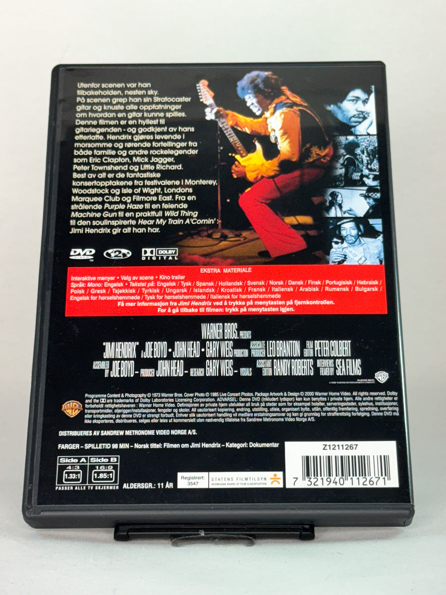 Bakside av DVD-cover til Jimi Hendrix med informasjon om konsertopptak, artister og produksjon – original brukt dokumentarfilm på DVD hos Brukbar Film.