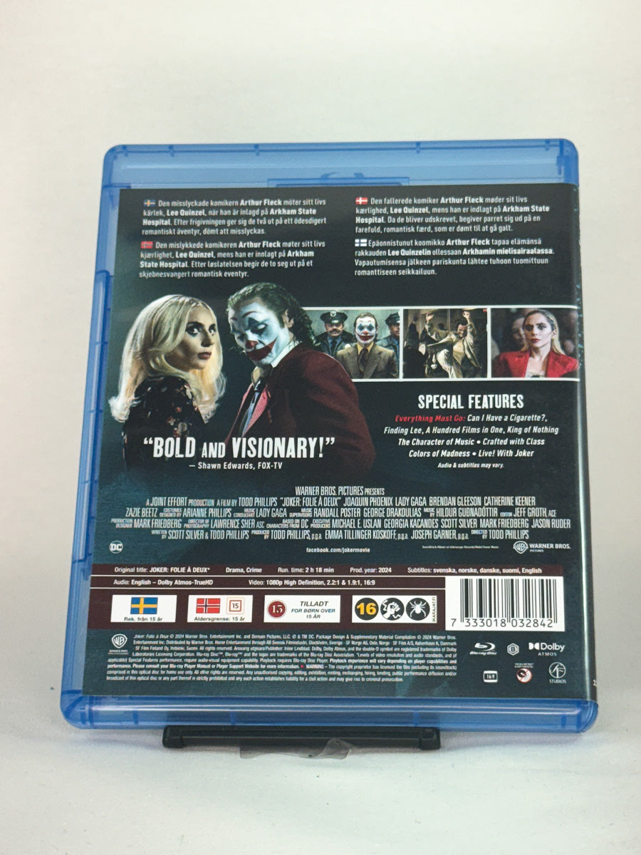Bakside av Blu-ray-cover for Joker: Folie à Deux – brukt thrillerfilm på Blu-ray, tilgjengelig hos Brukbar Film