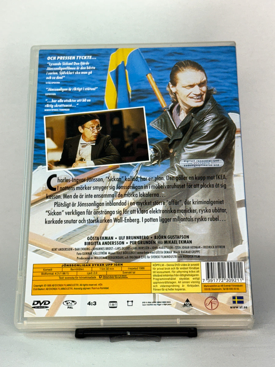 DVD-cover-bakside til filmen Jönssonligan dyker upp igen – Brukt DVD fra nettbutikken Brukbar Film