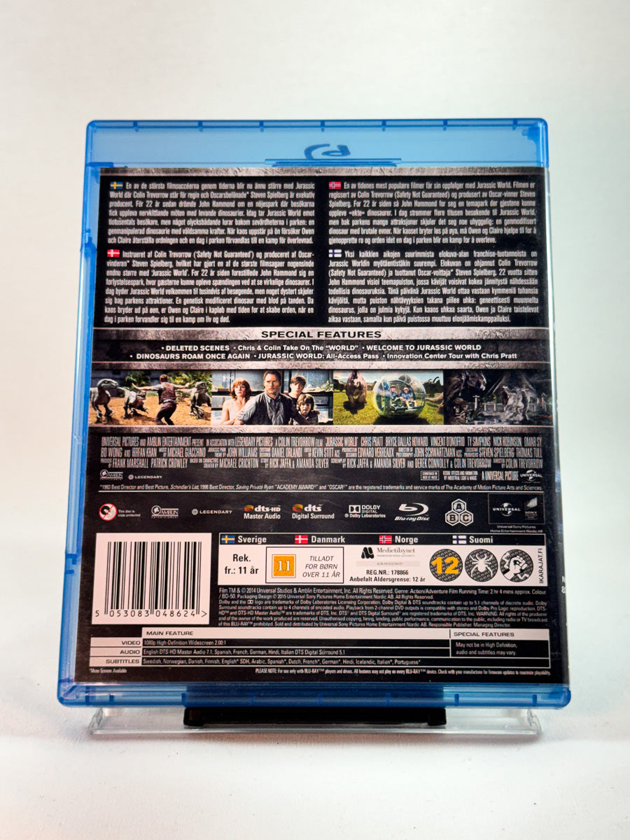 Bakside av cover til Jurassic World, brukt Blu-ray hos Brukbar Film