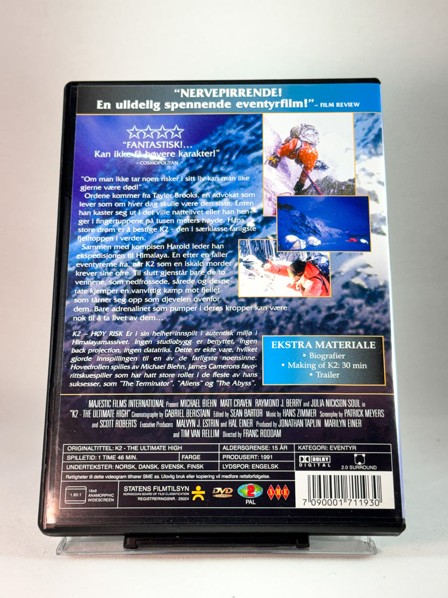 Bakside av cover til K2 – Høy risiko, bruktfilm på DVD hos Brukbar Film