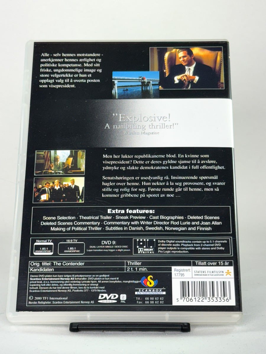 Bakside av DVD-cover til Kandidaten – intens maktspillfilm om moral og korrupsjon i amerikansk politikk – brukt originalfilm på DVD hos Brukbar Film.