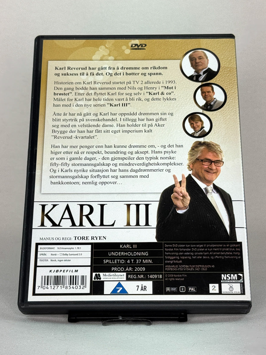 Bakside av DVD-cover til Karl III – norsk humorserie med Karl Reverud, utgitt av Nordisk Film, kjøp brukt DVD hos Brukbar Film