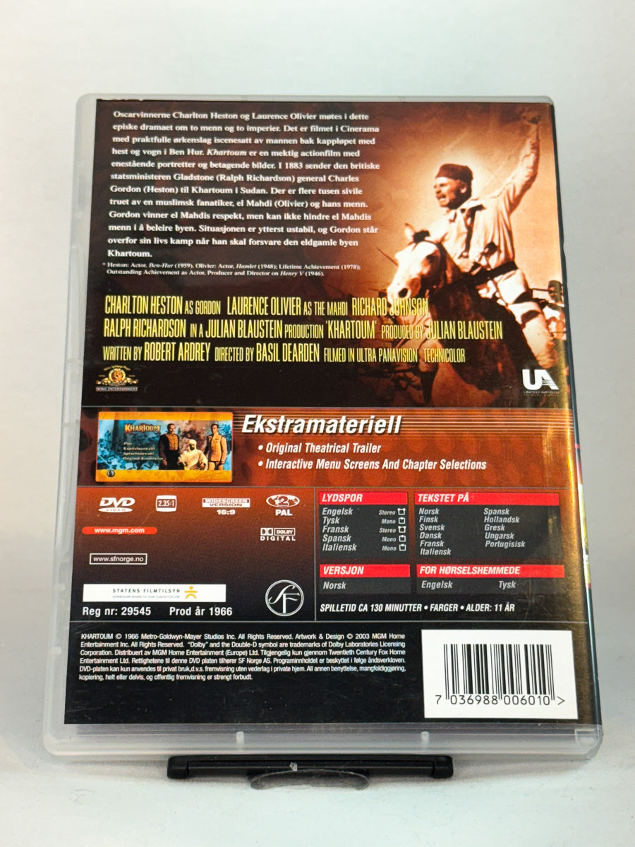 Bakside av DVD-cover til Khartoum, bruktfilm hos nettbutikken Brukbar Film