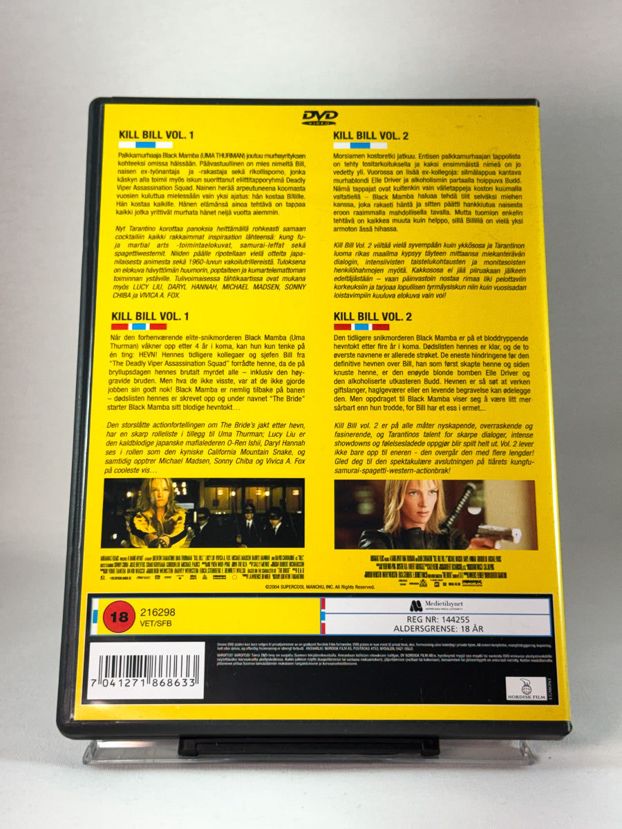 Bakside av DVD-cover til Kill Bill – 2 Film Boxset, begge Kill Bill-filmene i én samleboks, brukt DVD hos Brukbar Film