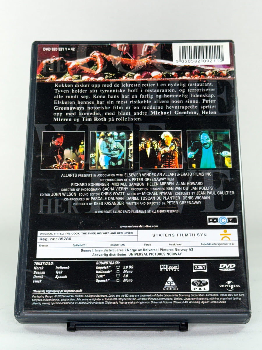 Bakside av DVD-cover til Kokken, Tyven, Hans Kone og Hennes Elsker – spesifikasjoner og filmomtale, brukt film fra Brukbar Film