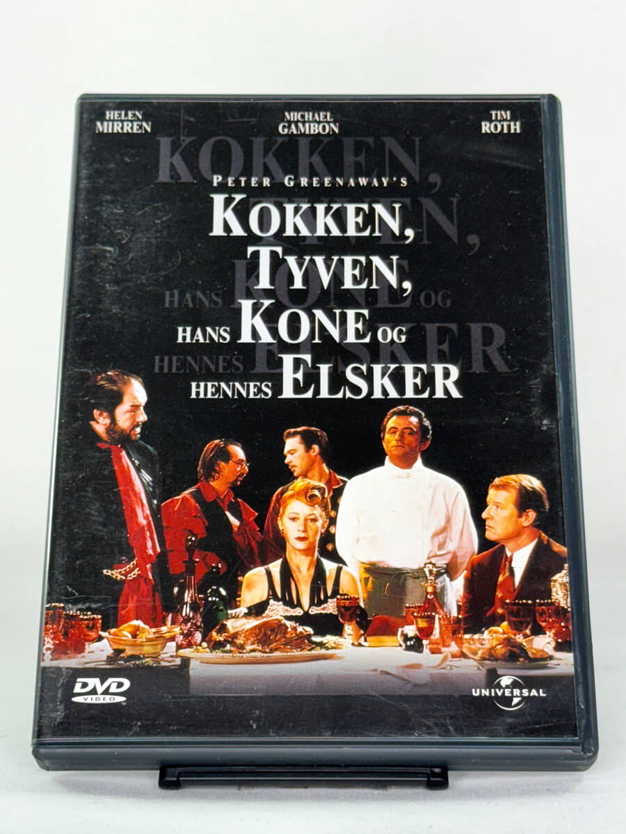 Forside av DVD-cover til Kokken, Tyven, Hans Kone og Hennes Elsker – kunstfilm av Peter Greenaway med Helen Mirren, brukt DVD hos Brukbar Film