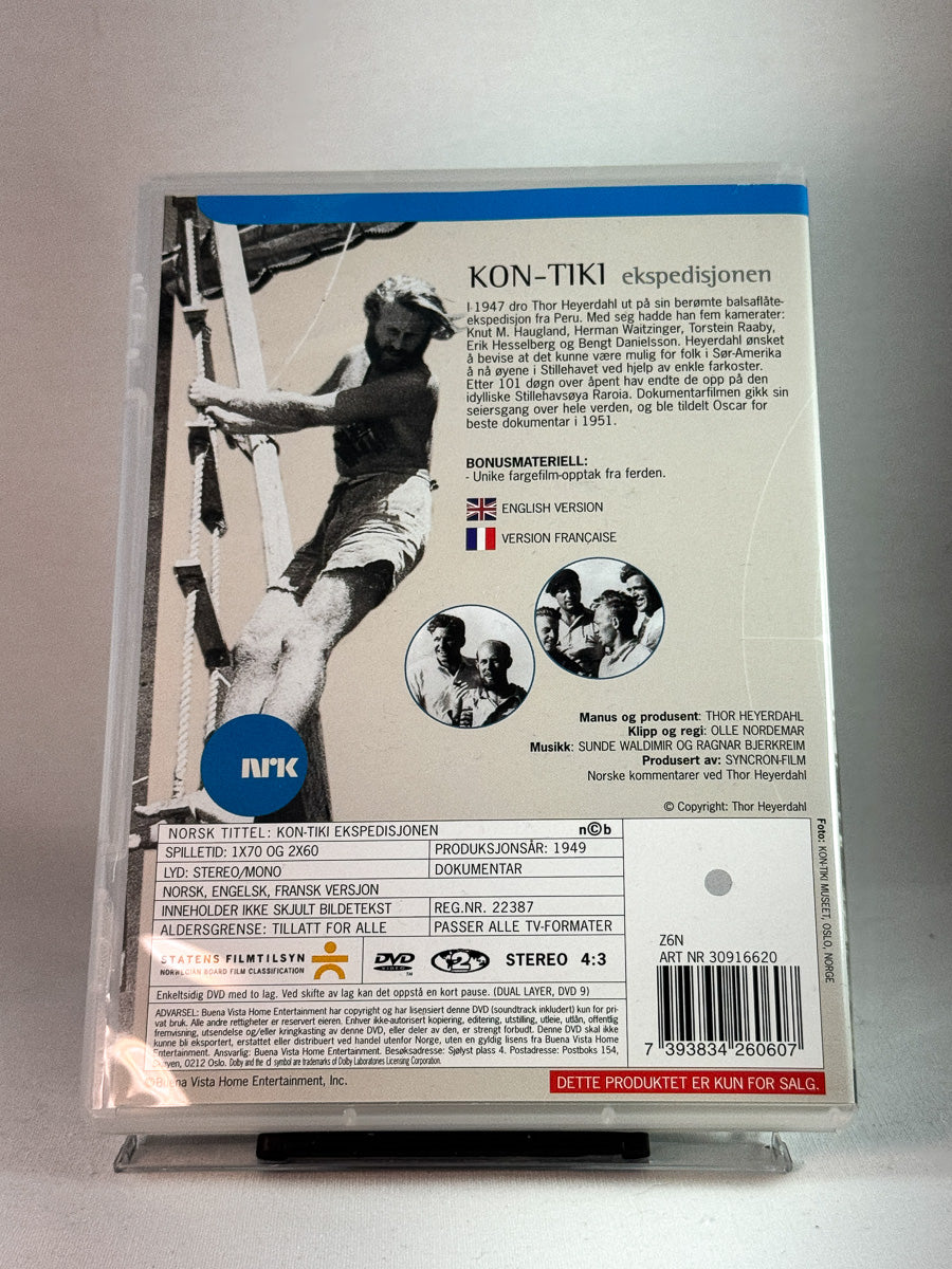 Bakside av cover til Kon-Tiki ekspedisjonen, brukt original DVD hos Brukbar Film