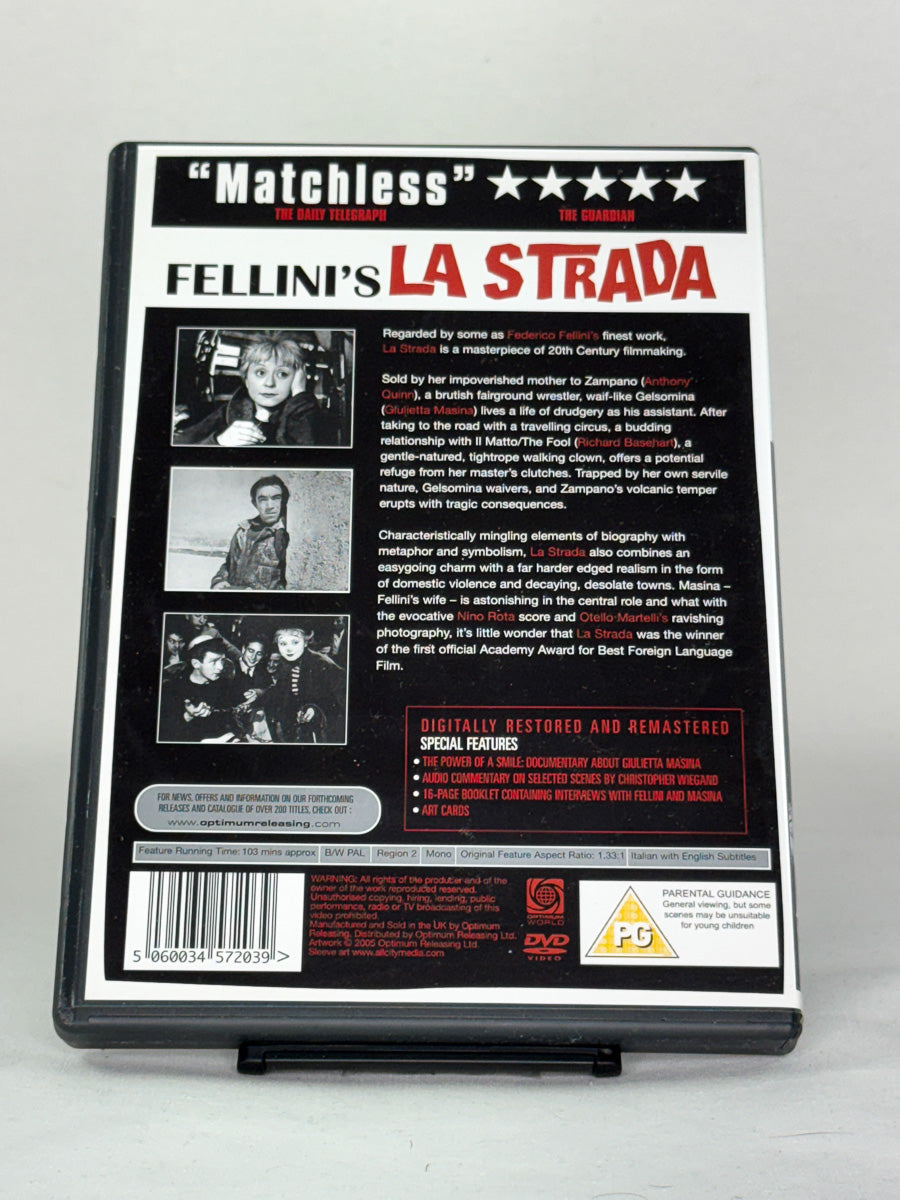 DVD-bakside til filmen La Strada
Baksiden viser info, spesifikasjoner og eventuell ekstratekst – produktbilde fra nettbutikken Brukbar Film