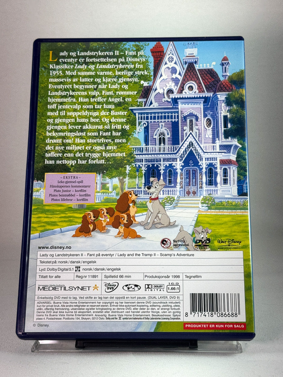 Bakside av DVD-cover for Lady og Landstrykeren II – Fant på eventyr, brukt originalfilm på DVD hos Brukbar Film.