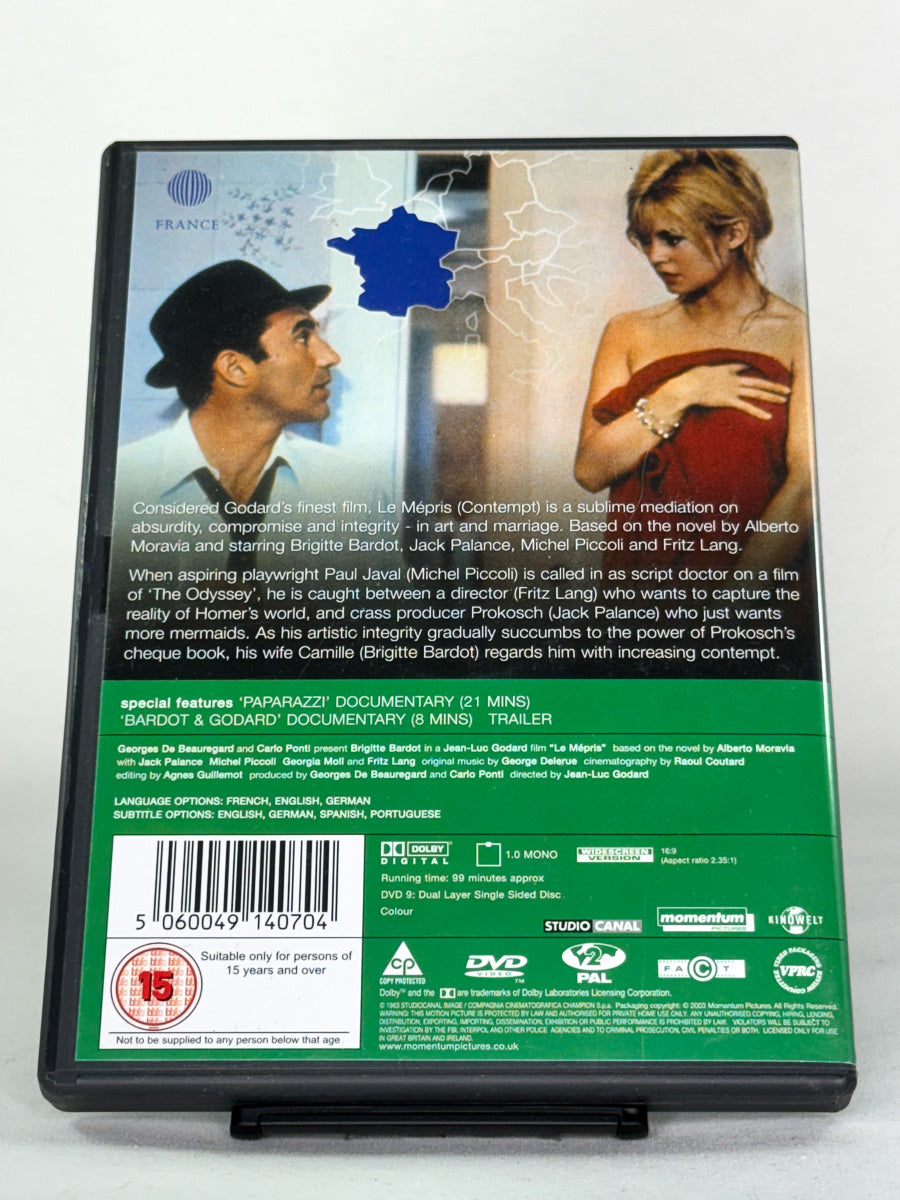 Bakside av DVD-cover for filmen Le Mépris – brukt fransk klassiker på DVD, tilgjengelig hos Brukbar Film